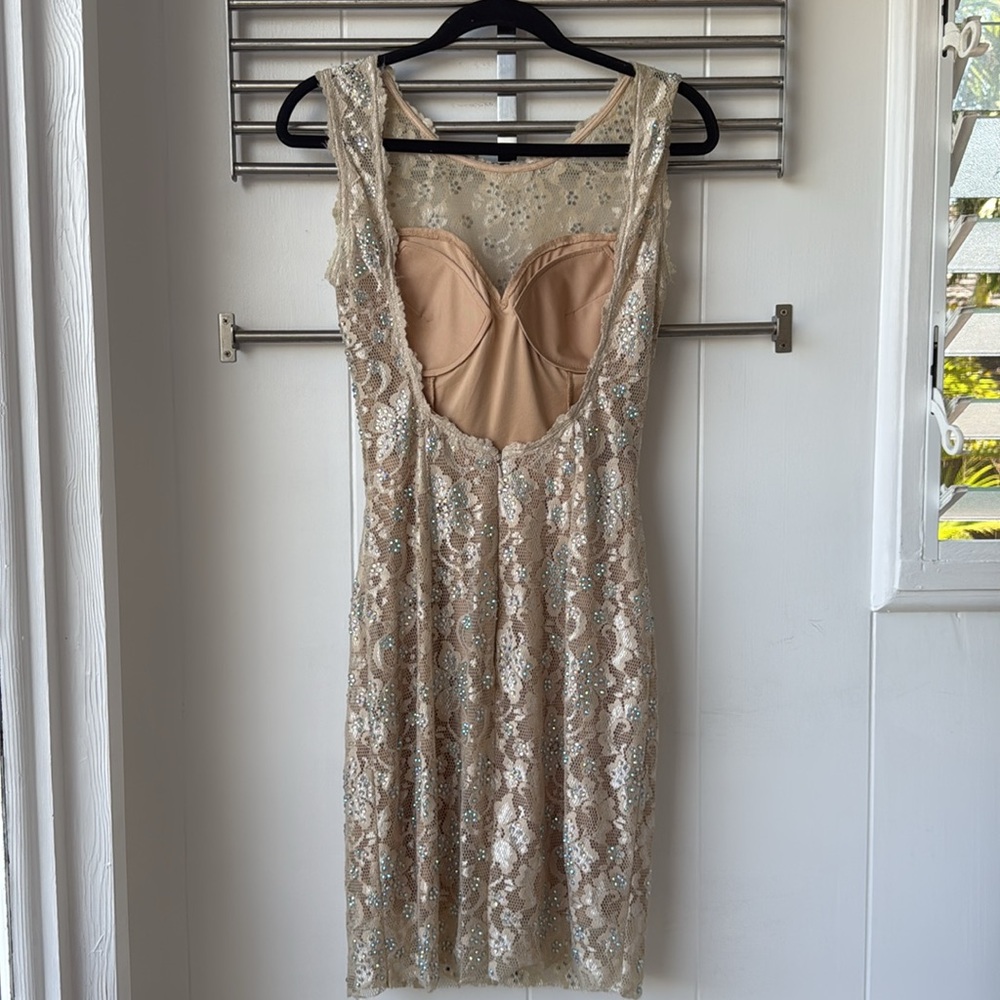 Jovani Nude Embellished Silver Lace Short Mini Cocktail Prom Dress 4 - Picture 6 of 8